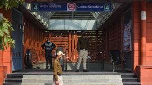 CISF personal stand guard outside Central Secretariat Metro station.(Amal KS/HT PHOTO) CISF personal stand guard outside Central Secretariat Metro station.(Amal KS/HT PHOTO)