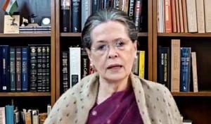 Congress president Sonia Gandhi makes an address via video link.(PTI/Screenshot from video posted by @INCIndia) Congress president Sonia Gandhi makes an address via video link.(PTI/Screenshot from video posted by @INCIndia)