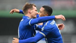 Soccer Football - Premier League - Newcastle United v Leicester City - St James' Park, Newcastle, Britain - January 3, 2021 Leicester City's Youri Tielemans celebrates scoring their second goal with Marc Albrighton Pool(Pool via REUTERS)