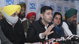 Newly appointed Aam Aadmi Party (AAP) Punjab co-incharge Raghav Chadha along with AAP MP and Punjab president Bhagwant Mann and AAP MLA Baljinder Kaur during a press conference in Amritsar, Punjab.(HT Photo) Newly appointed Aam Aadmi Party (AAP) Punjab co-incharge Raghav Chadha along with AAP MP and Punjab president Bhagwant Mann and AAP MLA Baljinder Kaur during a press conference in Amritsar, Punjab.(HT Photo)