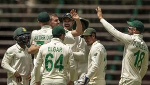 Johannesburg : South Africa's bowler Anrich Nortje, middle facing camera, celebrates with teammates after taking a wicket of Sri Lanka's batsman Dushmantha Chameeraduring the 2nd Test cricket match between South Africa and Sri Lanka Wanderers stadium in Johannesburg, South Africa, Sunday, Jan. 3, 2021.(AP) Johannesburg : South Africa's bowler Anrich Nortje, middle facing camera, celebrates with teammates after taking a wicket of Sri Lanka's batsman Dushmantha Chameeraduring the 2nd Test cricket match between South Africa and Sri Lanka Wanderers stadium in Johannesburg, South Africa, Sunday, Jan. 3, 2021.(AP)