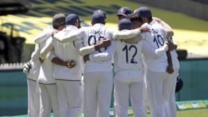 India's team huddle before running out for the start of Australia's first innings on the second day of their cricket test match at the Adelaide Oval in Adelaide.(AP) India's team huddle before running out for the start of Australia's first innings on the second day of their cricket test match at the Adelaide Oval in Adelaide.(AP)