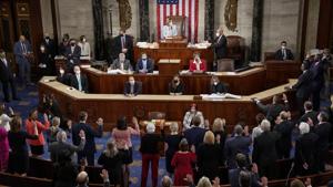 US House Speaker Nancy Pelosi, a Democrat from California, top center, administers the oath of office to members of the 117th Congress in the House Chamber in Washington, DC.(Bloomberg) US House Speaker Nancy Pelosi, a Democrat from California, top center, administers the oath of office to members of the 117th Congress in the House Chamber in Washington, DC.(Bloomberg)
