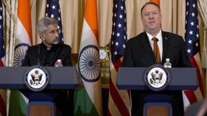 US secretary of state Mike Pompeo with Indian external affairs minister S Jaishankar speaks during a news conference on December 18, 2019.(AP file)