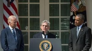 Judge Merrick Garland speaks after then US president Barack Obama, with then vice-president Joe Biden, announced his nomination to the US Supreme Court, on March 16, 2016.(AFP file)