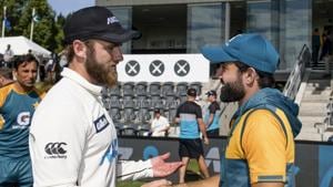 New Zealand captain Kane Williamson, left, shakes hands with Pakistan's Mohammad Rizwan following play on day four of the second cricket test between Pakistan and New Zealand at Hagley Oval, Christchurch, New Zealand, Wednesday, Jan 6. 2021. New Zealand defeated Pakistan by an innings and 176-runs to win the test two test series 2-0.(AP) New Zealand captain Kane Williamson, left, shakes hands with Pakistan's Mohammad Rizwan following play on day four of the second cricket test between Pakistan and New Zealand at Hagley Oval, Christchurch, New Zealand, Wednesday, Jan 6. 2021. New Zealand defeated Pakistan by an innings and 176-runs to win the test two test series 2-0.(AP)