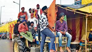 Protesting farmers on a tractor at Delhi’s border with UP on Wednesday. Protesting farmers on a tractor at Delhi’s border with UP on Wednesday.