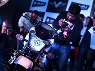 Bajaj launched ‘V’ –’The Invincible’ bike on Monday which is made from the contains the metal sourced from the India’s first aircraft carrier INS Vikrant  (Vipin Kumar /HT Photo )