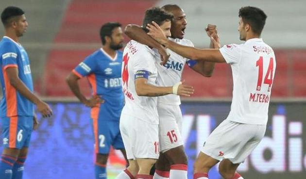 Delhi Dynamos players celebrate after scoring against FC Goa during their Indian Super League (ISL) match on Monday. (ISL) Delhi Dynamos players celebrate after scoring against FC Goa during their Indian Super League (ISL) match on Monday. (ISL)