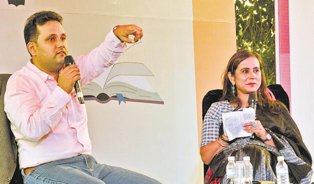 Author Amish Tripathi interacting with the audience during the Literati at Lake Club in Chandigarh on Sunday