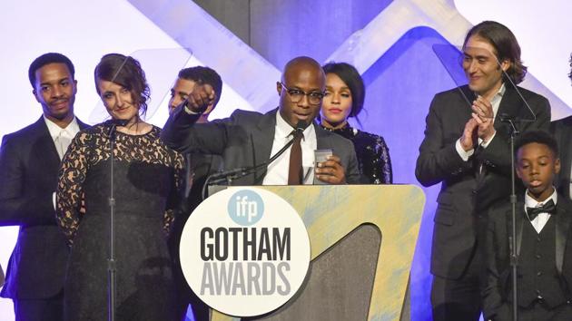 Writer - director Barry Jenkins accepts the Best Feature Film award with the rest of the Moonlight cast at the 26th Annual Gotham Independent Film Awards at Cipriani Wall Street on Monday. (AP) Writer - director Barry Jenkins accepts the Best Feature Film award with the rest of the Moonlight cast at the 26th Annual Gotham Independent Film Awards at Cipriani Wall Street on Monday. (AP)