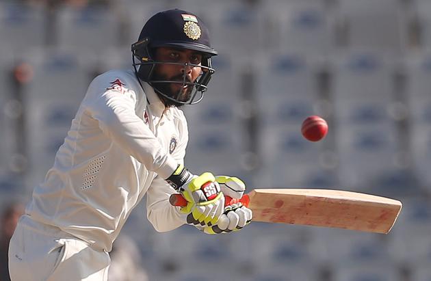 Jadeja brought up his third test fifty in 104 balls, marking the achievement with his trademark bat-swirling celebration. (REUTERS)