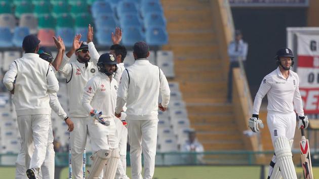 Ravindra Jadeja struck in his first ball as he got rid of Gareth Batty for 0. (Photo by: Deepak Malik/ BCCI/ SPORTZPICS)
