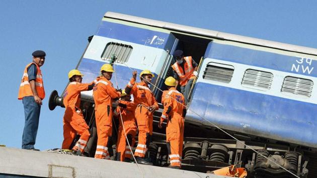 Disaster management personnel carry out a mock drill for rescuing people during accidents at Lalgarh Railway station in Bikaner on Monday. (PTI Photo) Disaster management personnel carry out a mock drill for rescuing people during accidents at Lalgarh Railway station in Bikaner on Monday. (PTI Photo)
