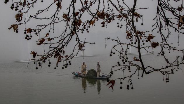 Kashmiri workers row their boat towards shore after removing weed on a cold and foggy day at the Dal Lake in Srinagar on Tuesday. Cold conditions continued in most parts of Kashmir with fog affecting air traffic and normal life. (AP)