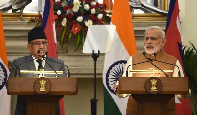 Prime Minister Narendra Modi (right) speaks during a joint press conference with Nepalese Prime Minister Pushpa Kamal Dahal following a meeting in New Delhi on September 16. (AFP File) Prime Minister Narendra Modi (right) speaks during a joint press conference with Nepalese Prime Minister Pushpa Kamal Dahal following a meeting in New Delhi on September 16. (AFP File)