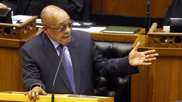 South African president Jacob Zuma in parliament in Cape Town, South Africa this March. Zuma escaped a move to oust him as the leader of South Africa by senior members of his ruling party. (AP File) South African president Jacob Zuma in parliament in Cape Town, South Africa this March. Zuma escaped a move to oust him as the leader of South Africa by senior members of his ruling party. (AP File)
