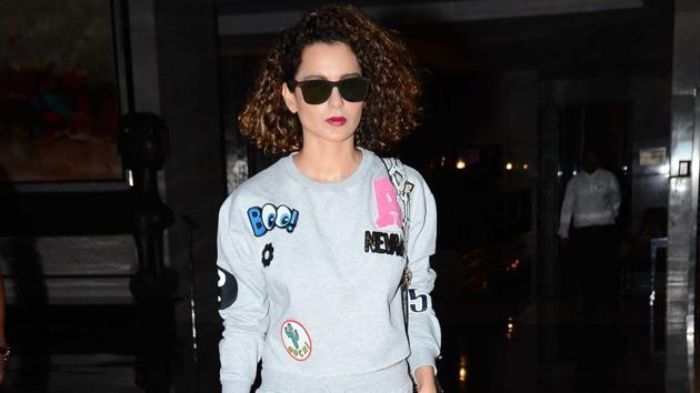 Kanagana Ranaut sports an outfit with quirky patches.(Viral Bhayani)