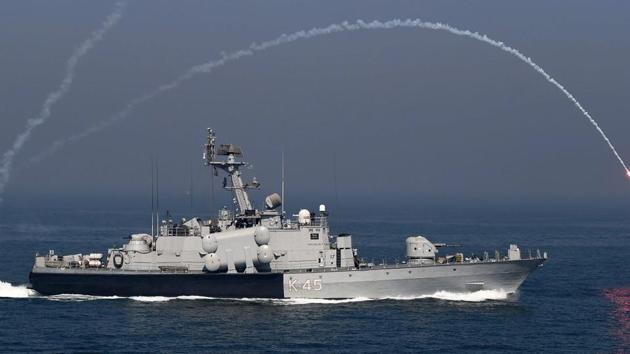 A naval boat during 'Day at Sea' exercise conducted as part of the Navy Day celebrations in Mumbai on Monday. (PTI) 