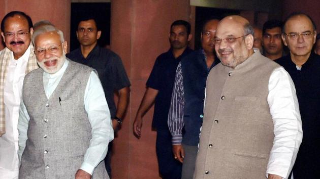 PM Narendra Modi with BJP president Amit Shah after the NDA meeting at Parliament house in New Delhi.(PTI File Photo)