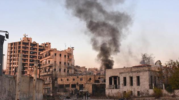 Smoke billows in Aleppo's Bustan al-Basha neighbourhood on November 28, 2016, during Syrian pro-government forces assault to retake the entire northern city from rebel fighters. Government forces have retaken a third of rebel-held territory in Aleppo, forcing nearly 10,000 civilians to flee as they pressed their offensive to retake Syria's second city. (AFP) Smoke billows in Aleppo's Bustan al-Basha neighbourhood on November 28, 2016, during Syrian pro-government forces assault to retake the entire northern city from rebel fighters. Government forces have retaken a third of rebel-held territory in Aleppo, forcing nearly 10,000 civilians to flee as they pressed their offensive to retake Syria's second city. (AFP)