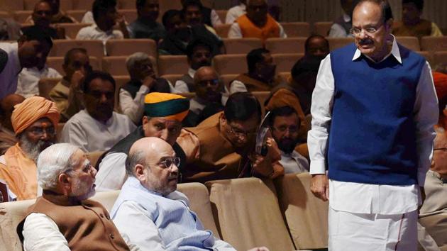 Prime Minister Narendra Modi, BJP president Amit Shah, minister of information and broadcasting M Venkaiah Naidu during the BJP parliamentary party meeting in New Delhi. (PTI File Photo) Prime Minister Narendra Modi, BJP president Amit Shah, minister of information and broadcasting M Venkaiah Naidu during the BJP parliamentary party meeting in New Delhi. (PTI File Photo)