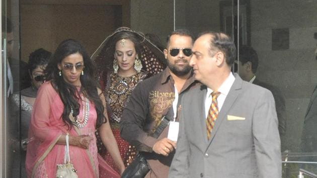 Hazel also complimented him in a red lehenga with heavy embroidery. (Sant Arora/ HT Photo) Hazel also complimented him in a red lehenga with heavy embroidery. (Sant Arora/ HT Photo)