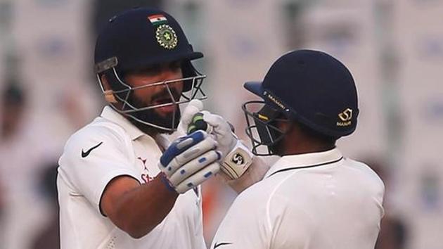 Parthiv Patel (right), back in the Indian Test team after eight years, played with guts and flair in Mohali. He scored 42 and 67 not out in the match, and partnered skipper Virat Kohli in the second innings to steer India to an eight-wicket victory against England.(Reuters)