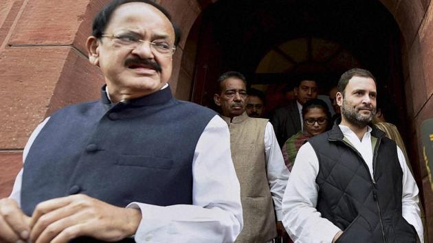 Congress vice-president Rahul Gandhi and I&B minister M Venkaiah Naidu come out of the Parliament House in New Delhi.(PTI Photo) Congress vice-president Rahul Gandhi and I&B minister M Venkaiah Naidu come out of the Parliament House in New Delhi.(PTI Photo)