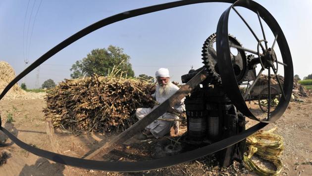 Cane juice being produced for jaggery. (Ravi Kumar/HT)