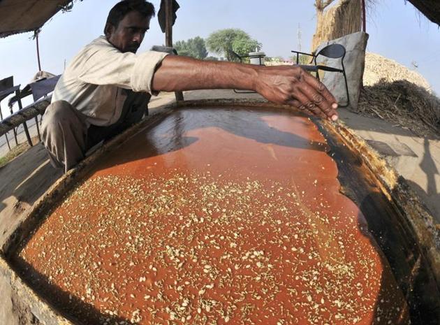 The jaggery, almost set, is then garnished with dry fruits and other flavourful condiments. (Ravi Kumar/HT)