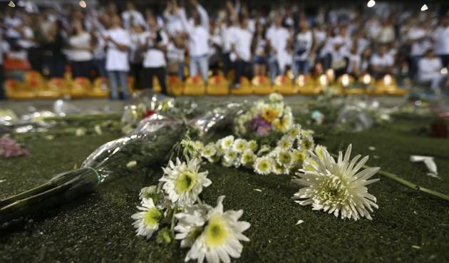 Flowers lay on the field after a tribute to members of Brazil's Chapecoense soccer team who died in a plane crash, at Atanasio Girardot stadium where they were to play a game in Colombia. (Fernando Vergara/AP)