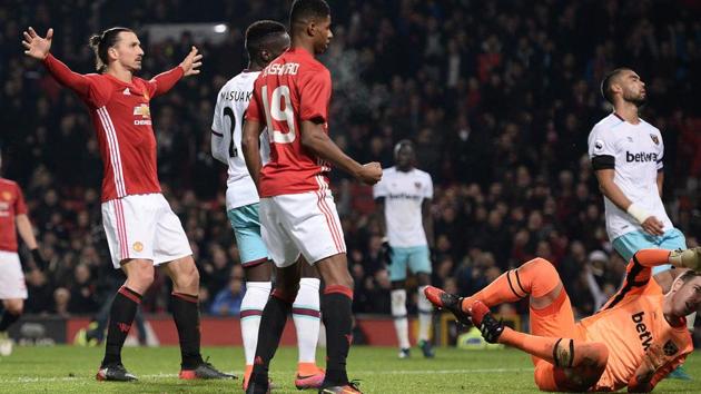 Manchester United's Swedish striker Zlatan Ibrahimovic (left) celebrates after scoring his team's fourth goal during the English Football League Cup quarterfinal match against West Ham United at Old Trafford. (AFP) Manchester United's Swedish striker Zlatan Ibrahimovic (left) celebrates after scoring his team's fourth goal during the English Football League Cup quarterfinal match against West Ham United at Old Trafford. (AFP)