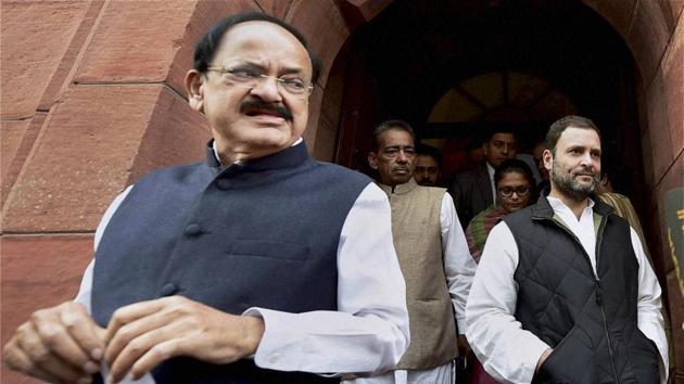 Congress vice-president Rahul Gandhi (R) and I&B minister M Venkaiah Naidu come out of the Parliament House in New Delhi on Wednesday. (PTI photo) Congress vice-president Rahul Gandhi (R) and I&B minister M Venkaiah Naidu come out of the Parliament House in New Delhi on Wednesday. (PTI photo)