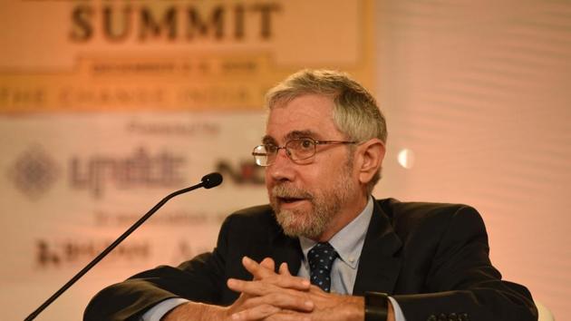 Paul Krugman, professor of economics at the Graduate Center of the City University of New York, during the Hindustan Times Leadership Summit at Taj Palace in New Delhi on Friday.(Virendra Singh Gosain/ HT Photo)