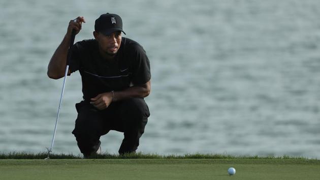 Tiger Woods lines up his putt on the 17th green during round one of the Hero World Challenge at Albany, The Bahamas, on Friday. (AFP) Tiger Woods lines up his putt on the 17th green during round one of the Hero World Challenge at Albany, The Bahamas, on Friday. (AFP)