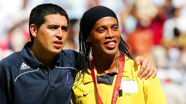 Argentina’s Juan Roman Riquelme, 38, retired from professional football in 2014 while the 36-year-old Ronaldinho of Brazil last played for Fluminese in 2015. (Getty Images) Argentina’s Juan Roman Riquelme, 38, retired from professional football in 2014 while the 36-year-old Ronaldinho of Brazil last played for Fluminese in 2015. (Getty Images)