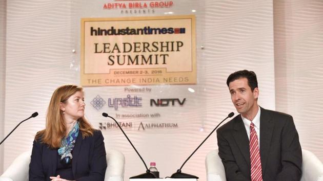 Dr Alyssa Ayres (left), senior fellow at Council on Foreign Relations for India, Pakistan and South Asia, and Dr Daniel Twining, director and senior fellow at Asia Program, The German Marshall Fund of the United States, in a discussion with Pramit Pal Chaudhuri, Hindustan Times’ foreign affairs commentator, at HT Leadership Summit at Taj Palace in New Delhi on Saturday. (Arun Sharma/HT Photo) Dr Alyssa Ayres (left), senior fellow at Council on Foreign Relations for India, Pakistan and South Asia, and Dr Daniel Twining, director and senior fellow at Asia Program, The German Marshall Fund of the United States, in a discussion with Pramit Pal Chaudhuri, Hindustan Times’ foreign affairs commentator, at HT Leadership Summit at Taj Palace in New Delhi on Saturday. (Arun Sharma/HT Photo)