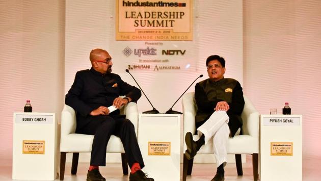 Piyush Goyal, Union minister of state with independent charge for power, coal, new and renewable energy and mines, in conversation with Bobby Ghosh, editor-in-chief, on Day 2 of Hindustan Times Leadership Summit at Taj Palace, New Delhi On Saturday. (Raj K Raj/HT Photo) Piyush Goyal, Union minister of state with independent charge for power, coal, new and renewable energy and mines, in conversation with Bobby Ghosh, editor-in-chief, on Day 2 of Hindustan Times Leadership Summit at Taj Palace, New Delhi On Saturday. (Raj K Raj/HT Photo)