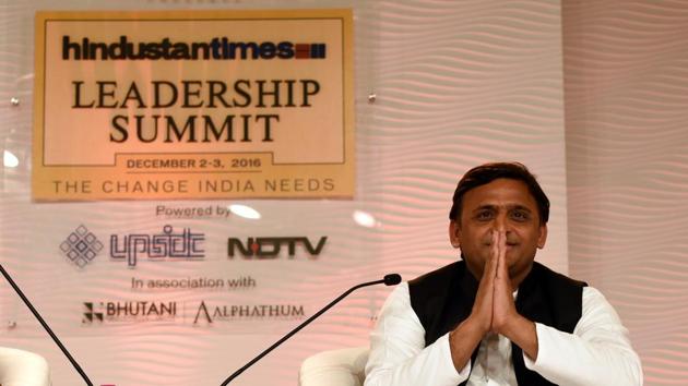 Uttar Pradesh chief minister Akhilesh Yadav at the 14th Hindustan Times Leadership Summit in New Delhi on Friday.(Arun Sharma/HT Photo)