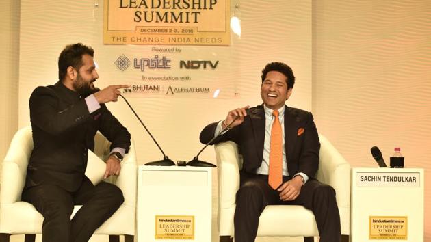 Tendulkar spoke at large about Test cricket and gave suggestions on improving player performance in domestic cricket during the discussion with Nikhil Naz (left), consultant, NDTV. (Ajay Aggarwal /HT PHOTO)