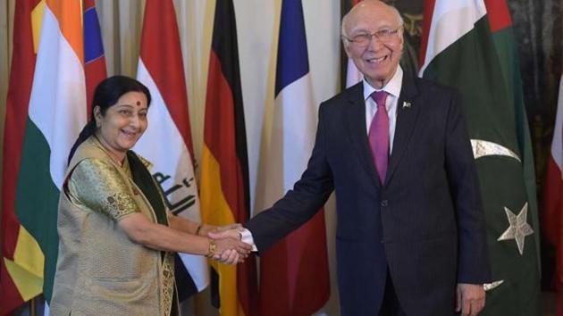 Sartaj Aziz (right) shakes hands with external affairs minister Sushma Swaraj at The Foreign Ministry in Islamabad. (AFP File Photo) Sartaj Aziz (right) shakes hands with external affairs minister Sushma Swaraj at The Foreign Ministry in Islamabad. (AFP File Photo)