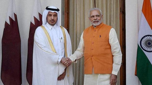 Prime Minister Narendra Modi greets Qatar Prime Minister Sheikh Abdullah bin Nasser bin Khalifa Al Thani at Hyderabad House in New Delhi. (PTI Photo) Prime Minister Narendra Modi greets Qatar Prime Minister Sheikh Abdullah bin Nasser bin Khalifa Al Thani at Hyderabad House in New Delhi. (PTI Photo)