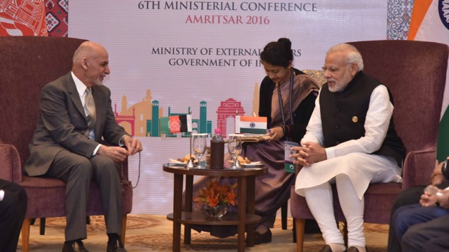 Afghan president Ashraf Ghani with Prime Minister Narendra Modi at the sixth ministerial conference of the Heart of Asia-Istanbul Process in Amritsar on December 4, 2016.(External affairs ministry/Twitter)