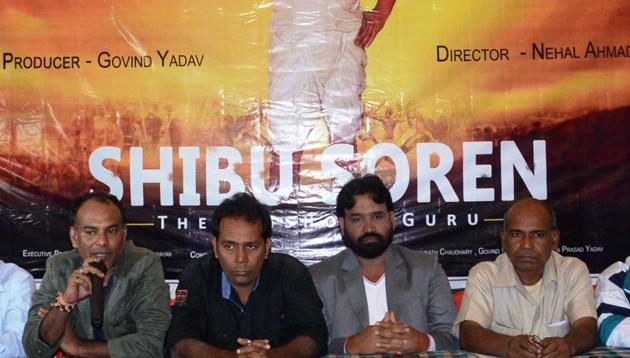 Makers of biopic on JMM chief Sibu Soren at a press conference in Dhanbad on Sunday. Bidesh Dan (2nd from right) will play lead role in the film. (Bijay/HT Photo)