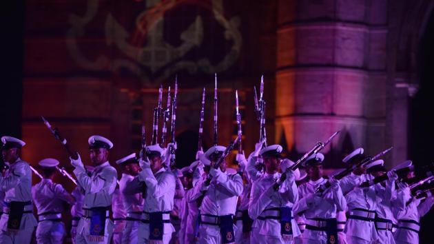 Navy personnel perform during Navy Day celebration at Gateway of India in Mumbai. (Pratham Gokhale/HT PHOTO)