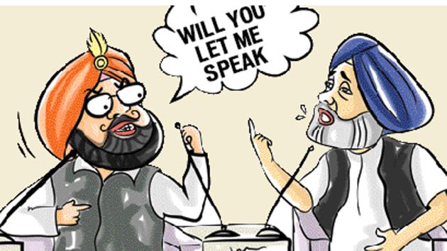 Shiromani Akali Dal (SAD) chief Sukhbir Singh Badal has come a long way, from a politician who treated the media with contempt to playing to the gallery. Sukhbir was ready with answers to questions being put to Amarinder, prompting the latter to ask the mediator if Sukhbir would allow him to speak! Not that the friendly snub could stop Sukhbir. (Illustration by Daljeet Kaur Sandhu) Shiromani Akali Dal (SAD) chief Sukhbir Singh Badal has come a long way, from a politician who treated the media with contempt to playing to the gallery. Sukhbir was ready with answers to questions being put to Amarinder, prompting the latter to ask the mediator if Sukhbir would allow him to speak! Not that the friendly snub could stop Sukhbir. (Illustration by Daljeet Kaur Sandhu)