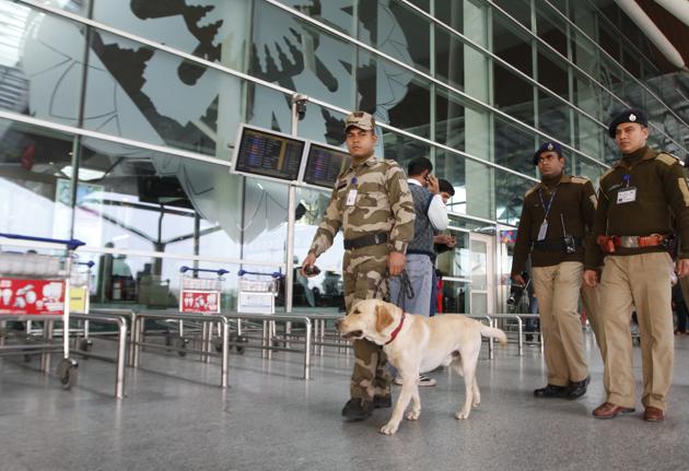 CISF personnel at Delhi’s Indira Gandhi International Airport. The full body scanners are expected to ramp up security at the international terminal. (Arvind Yadav/HT) CISF personnel at Delhi’s Indira Gandhi International Airport. The full body scanners are expected to ramp up security at the international terminal. (Arvind Yadav/HT)