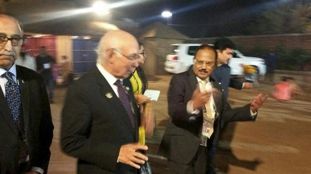 NSA Ajit Doval and Pakistan’s Prime Minister on Foreign Affairs Sartaj Aziz in Amritsar. (PTI Phot) NSA Ajit Doval and Pakistan’s Prime Minister on Foreign Affairs Sartaj Aziz in Amritsar. (PTI Phot)