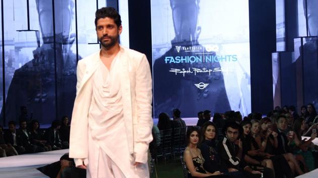 Farhan Akhtar displays the creation of fashion designer Rajesh Pratap Singh. (IANS) Farhan Akhtar displays the creation of fashion designer Rajesh Pratap Singh. (IANS)